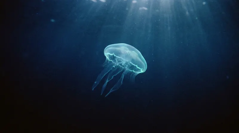 A small translucent jellyfish drifting in dark blue water with a faint glow along its rim