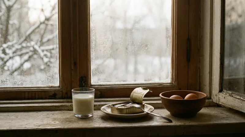 A winter window sill with a glass of milk, an opened can of sardines and two eggs in a bowl