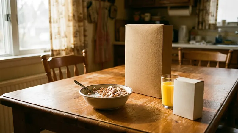 A bowl of cereal beside its box, a glass of juice and a small white box on a kitchen table