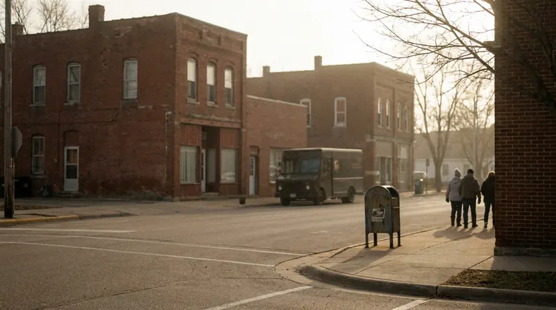 A quiet small-city street of low brick buildings with a delivery van far down the block