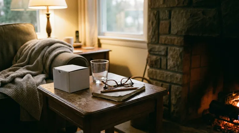 A side table with a small white box, an empty glass, reading glasses on a closed notebook and a pencil beside a fireplace