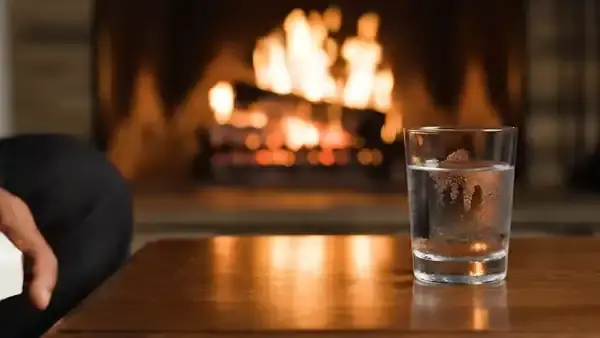 A man's hands taking one chewable tablet from a small bottle beside a glass of water in firelight