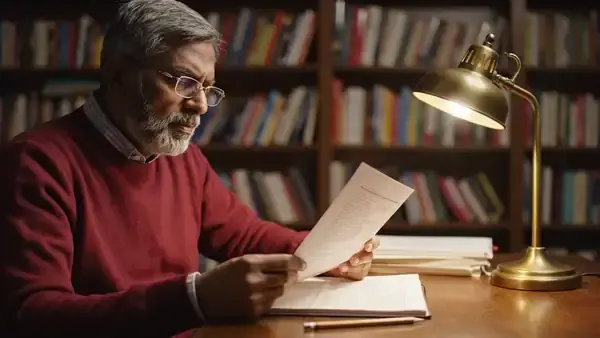 A man in his sixties reading a printed page at a lamp-lit desk and making a note in the margin