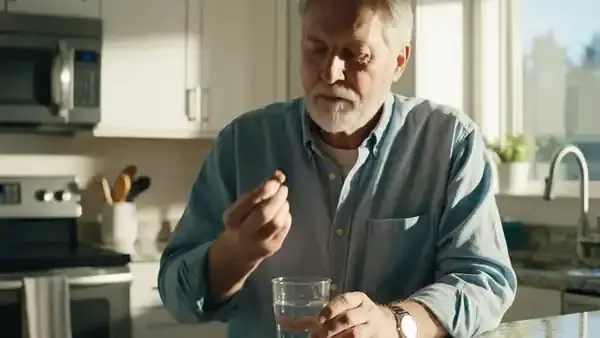 A man in his sixties chewing a tablet with water at a kitchen counter and reading the back of a small box