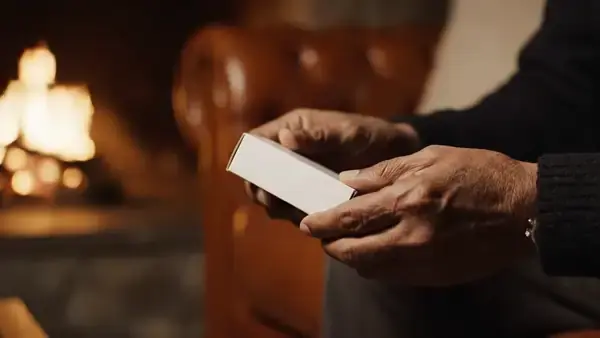 A man's hands turning a small white box in firelight and setting it beside reading glasses