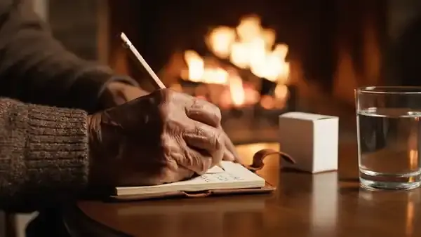 A man's hands writing a line in a small notebook beside a small white box and a glass of water in firelight
